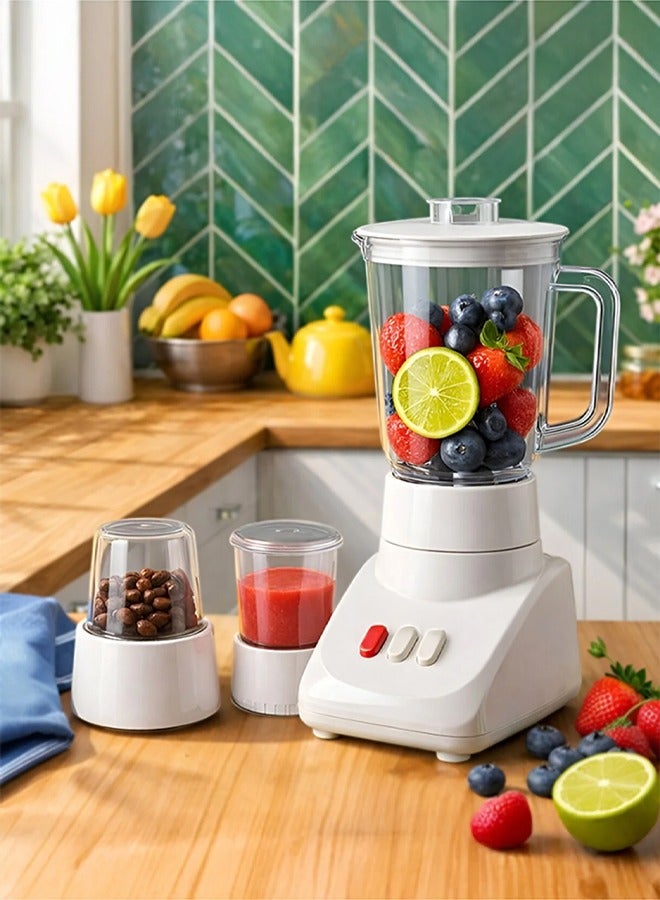 This 3-in-1 electric blender, with its powerful 400W motor, sharp stainless steel blades, comes with a grain mill and a cup, a copper motor, a comfortable handle, a high-quality transparent jar, and two adjustable speeds.